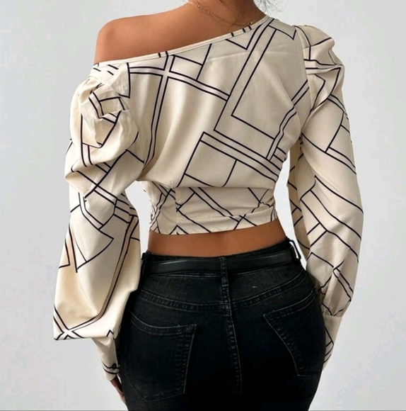 Classic Geometric Print Asymmetrical Sleeve Puff Sleeve Blouse One Shoulder Blou - Picture 3 of 4